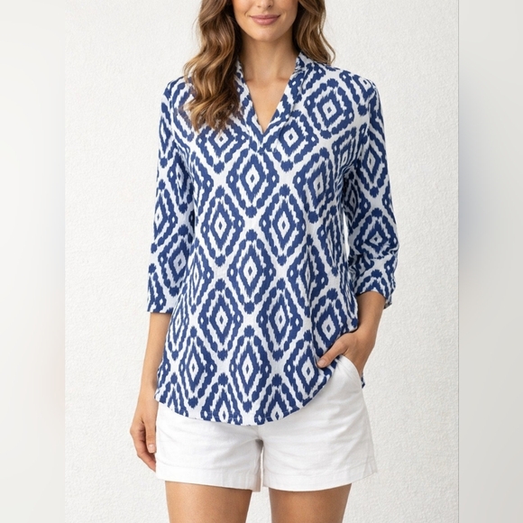 Brooks Brothers Tops - Woman's Brooks Brothers Blue Ikat Tunic Blouse 100% Cotton Size Small 3/4 Sleeve